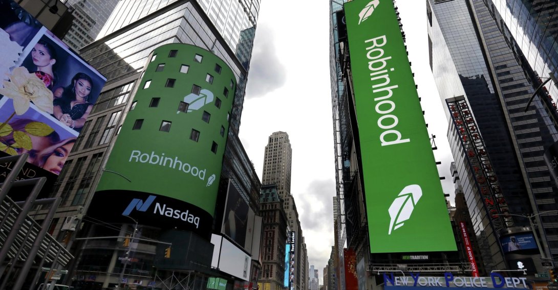 The logo of Robinhood Financial LLC is seen on the Nasdaq Stock Market for the company's initial public offering (IPO) in New York, U.S., July 29, 2021. (EPA Photo)