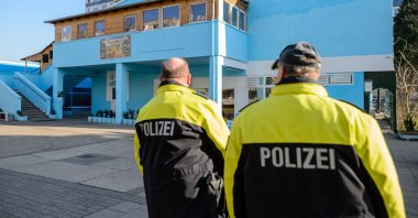 Two policemen secure a Muslim cultural center and mosque following a recent attack, in Halle an der Saale, Germany, Feb. 14, 2018. (Getty Images)