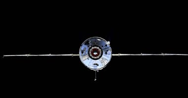 The Nauka module is seen prior to docking with the International Space Station, July 29, 2021. (Roscosmos Space Agency via AP)
