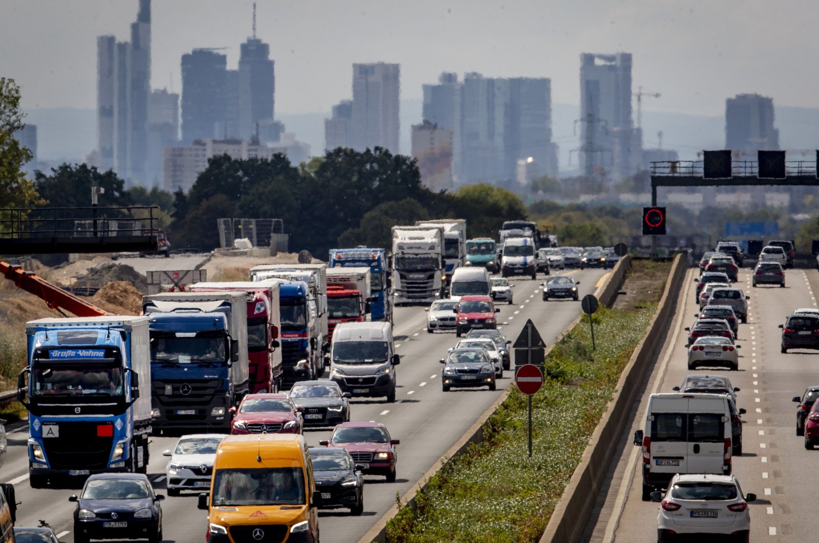 Cars and trucks drive on the main highway around Frankfurt, Germany, Aug.4, 2020. (AP Photo)