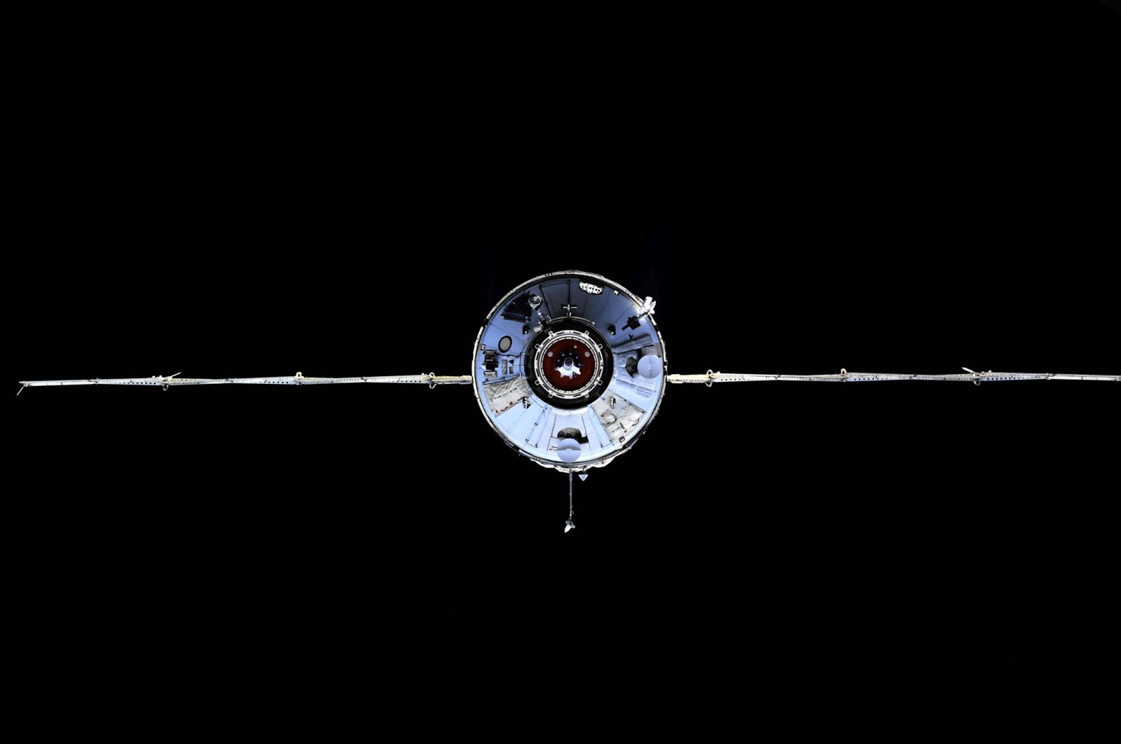The Nauka module is seen prior to docking with the International Space Station, July 29, 2021. (Roscosmos Space Agency via AP)