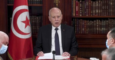 Tunisia's President Kais Saied (C) leads a security meeting with members of the army and police in Tunis, Tunisia, July 25, 2021. (AP Photo)