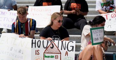 People camp out on the steps of the U.S. Capitol to highlight the upcoming expiration of the pandemic-related federal moratorium on residential evictions, in Washington, U.S., July 31, 2021. (Reuters Photo)