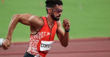 Turkish athlete Yasmani Copello Escobar in action at the Tokyo 2020 Olympics 400-meter hurdles semifinal, Tokyo, Japan, Aug. 1, 2021.