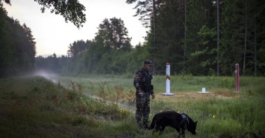 A member of the Lithuania State Border Guard Service patrols on the border with Belarus. Around him are the Belarusian (right) and Lithuanian (second right) border markers, near small town Kapciamiestis, some 160km (100 miles) of the capital Vilnius, Lithuania, June 10, 2021. (AP Photo)