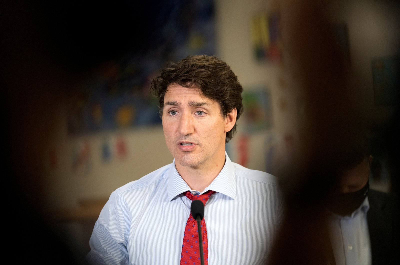 Canada's Prime Minister Justin Trudeau speaks during a news conference at the day care inside Carrefour de l'Isle-Saint-Jean school in Charlottetown, Prince Edward Island, Canada, July 27, 2021. (Reuters Photo)