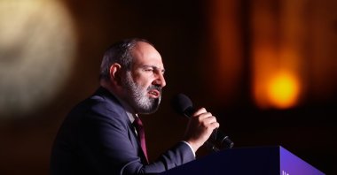 Armenian acting Prime Minister Nikol Pashinian attends a rally in his support after winning snap parliamentary elections in Yerevan, Armenia, June 21, 2021. (AP File Photo)