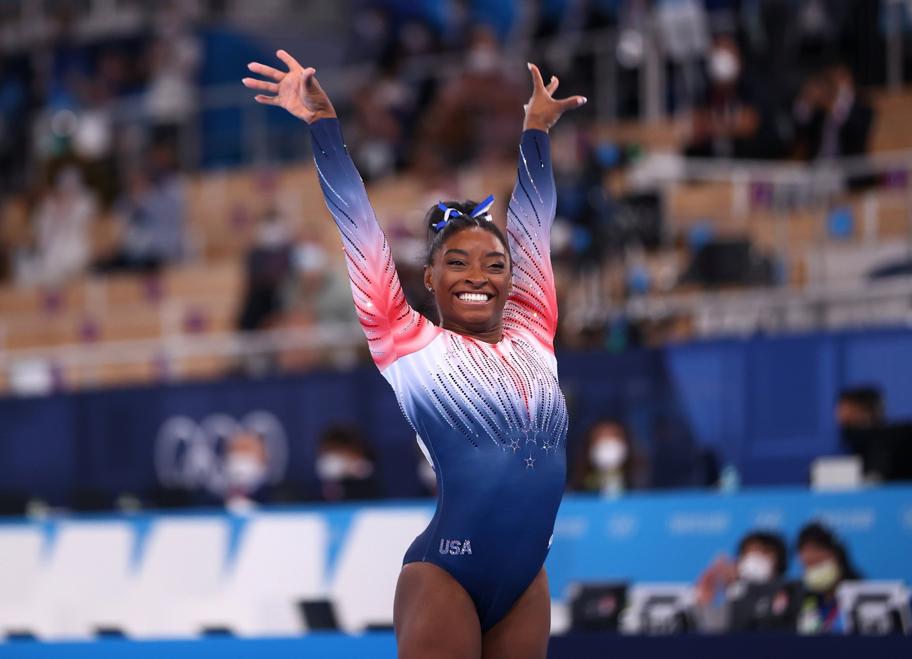 USA's Simone Biles reacts after performing in the Tokyo 2020 Olympics women's beam final, Ariake Gymnastics Centre, Tokyo, Japan, Aug. 3, 2021.