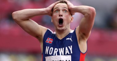 Karsten Warholm of Norway celebrates after winning 400-meter hurdles gold at the Tokyo 2020 Olympics, Tokyo, Japan, Aug. 3, 2021. (Reuters Photo) 