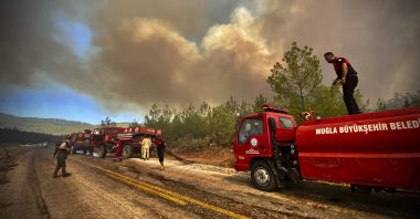 Firefighters work to extinguish an advancing fire, near Bodrum, Muğla, Turkey, Aug. 2, 2021. (AP Photo)