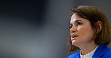 Belarusian opposition leader Svetlana Tikhanovskaya speaks with reporters in a newsroom in Washington, D.C., U.S, July 20, 2021. (AFP Photo)