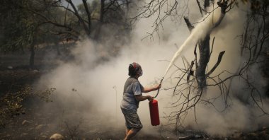 A woman uses a fire extinguisher to save a burning tree in Çökertme village, near Bodrum, Muğla, Turkey, Aug. 3, 2021. (AP Photo)