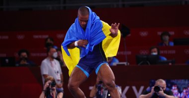 Zhan Beleniuk of Ukraine celebrates after winning gold in men's Greco-Roman 87-kilogram wrestling at the 2020 Summer Olympic Games at the Makuhari Messe event hall in Tokyo, Japan, Aug. 4, 2021. (Reuters Photo)