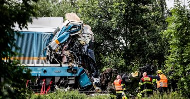 Rescuers secure the scene of a train crash near the city of Domazlice, Czech Republic, Aug. 4, 2021. (EPA Photo)