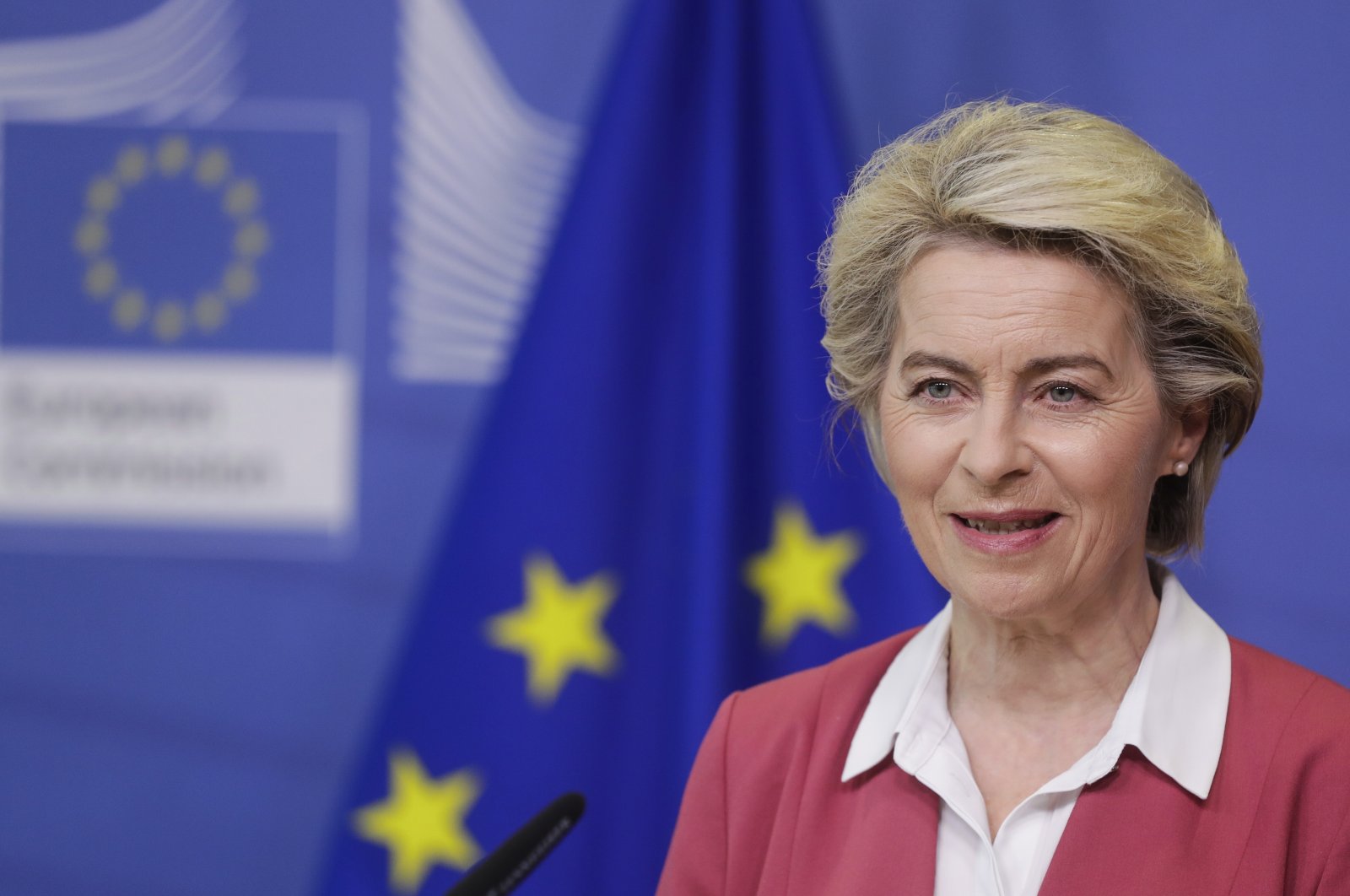 European Commission President Ursula von der Leyen delivers a statement at EU headquarters in Brussels, July 27, 2021. (AP Photo)