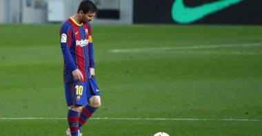 Barcelona's Lionel Messi reacts during the Spanish La Liga match against Granada at the Camp Nou stadium in Barcelona, Spain, April 29, 2021. (AP Photo)