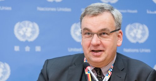 Jurgen Schulz, Germany's ambassador to Ankara, is seen at a press conference at the United Nations Headquarters in New York, March 6, 2017. (Getty Images)