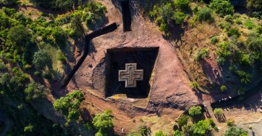 Aerial view of the monolithic rock-cut Church of Saint George, also known as Bete Giyorgis, in Lalibela, Amhara Region, Ethiopia, Oct. 30, 2018. (Getty Images)