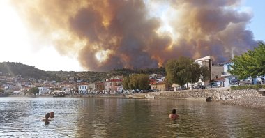 Flames burn on the mountain near Limni village on the island of Evia, about 160 kilometers (100 miles) north of Athens, Greece, Tuesday, Aug. 3, 2021. (AP Photo)
