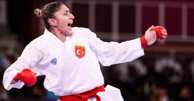 Turkey's Merve Çoban in action during a Tokyo 2020 Olympic Games women's kumite 61-kilogram karate event at the Nippon Budokan, Tokyo, Japan, Aug. 6, 2021. (AA Photo)