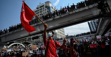 Demonstrators protest against a military coup, in downtown Yangon, Myanmar, Feb. 8, 2021. (AFP Photo)