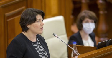 Prime minister-designate Natalia Gavrilita delivers her speech during a special session of Parliament to present her governmental program and a list of ministers, in Chisinau, Moldova, Aug. 6, 2021. (EPA Photo)