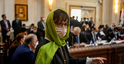 United Nations Assistance Mission in Afghanistan (UNAMA) head Deborah Lyons attends a Joint Coordination and Monitoring Board meeting (JCMB) at the Afghan presidential palace, Kabul, Afghanistan, July 28, 2021. (AFP Photo)