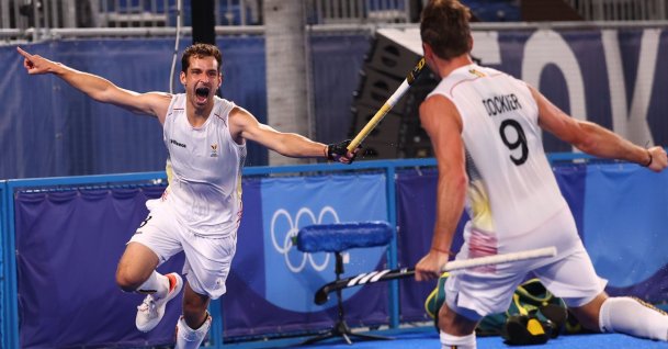 Belgium's Florent Van Aubel celebrates with teammate Sebastien Dockier after scoring against Australia in the Tokyo 2020 Olympics men's hockey final at the Oi Hockey Stadium, Tokyo, Japan, Aug. 5, 2021. (Reuters Photo)