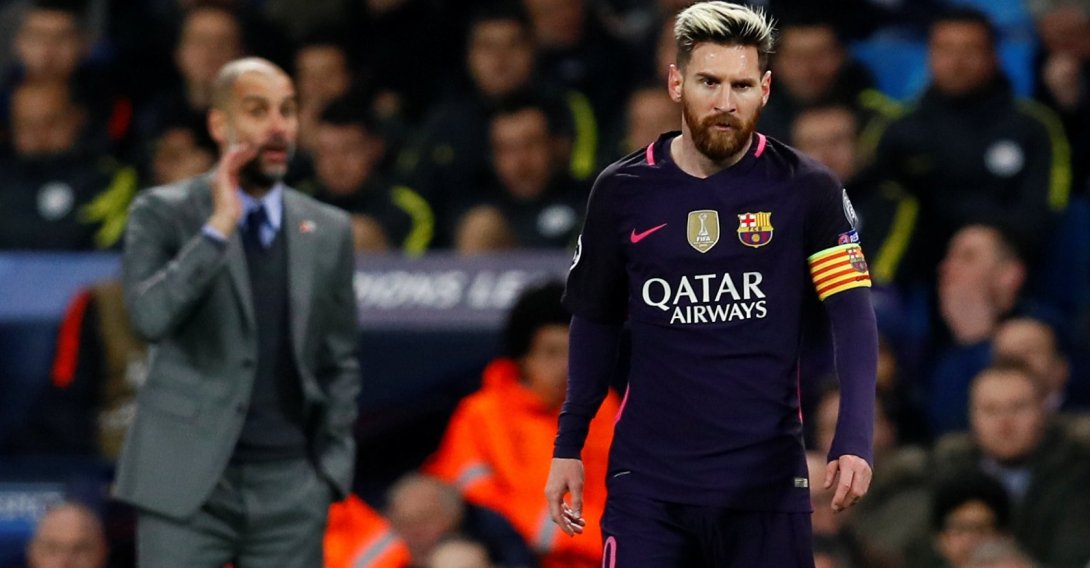Manchester City manager Pep Guardiola and Barcelona's Lionel Messi during a UEFA Champions League Group C match at the Etihad Stadium, Manchester, England, Nov. 1, 2016 (Reuters Photo)
