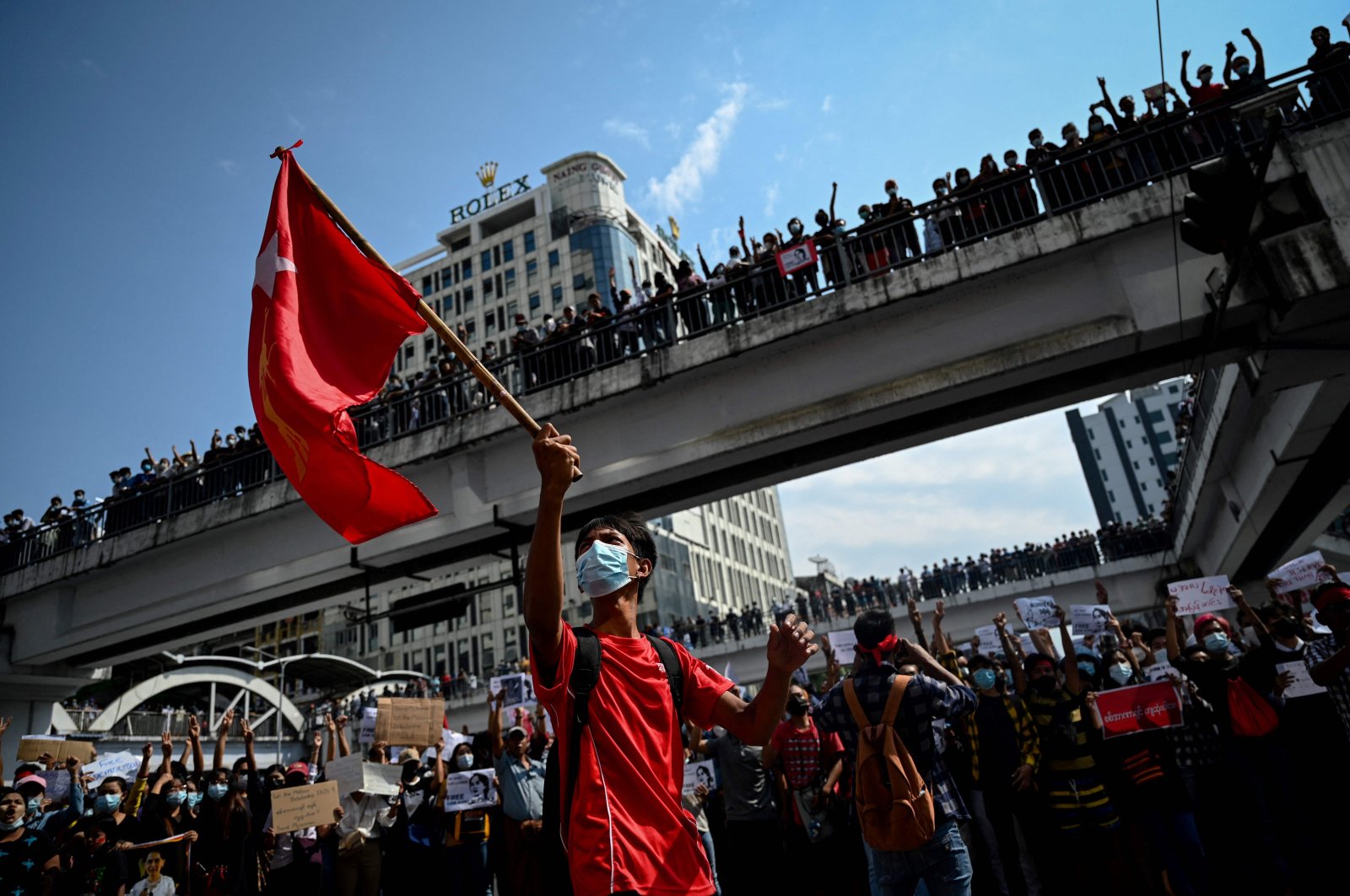 Demonstrators protest against a military coup, in downtown Yangon, Myanmar, Feb. 8, 2021. (AFP Photo)