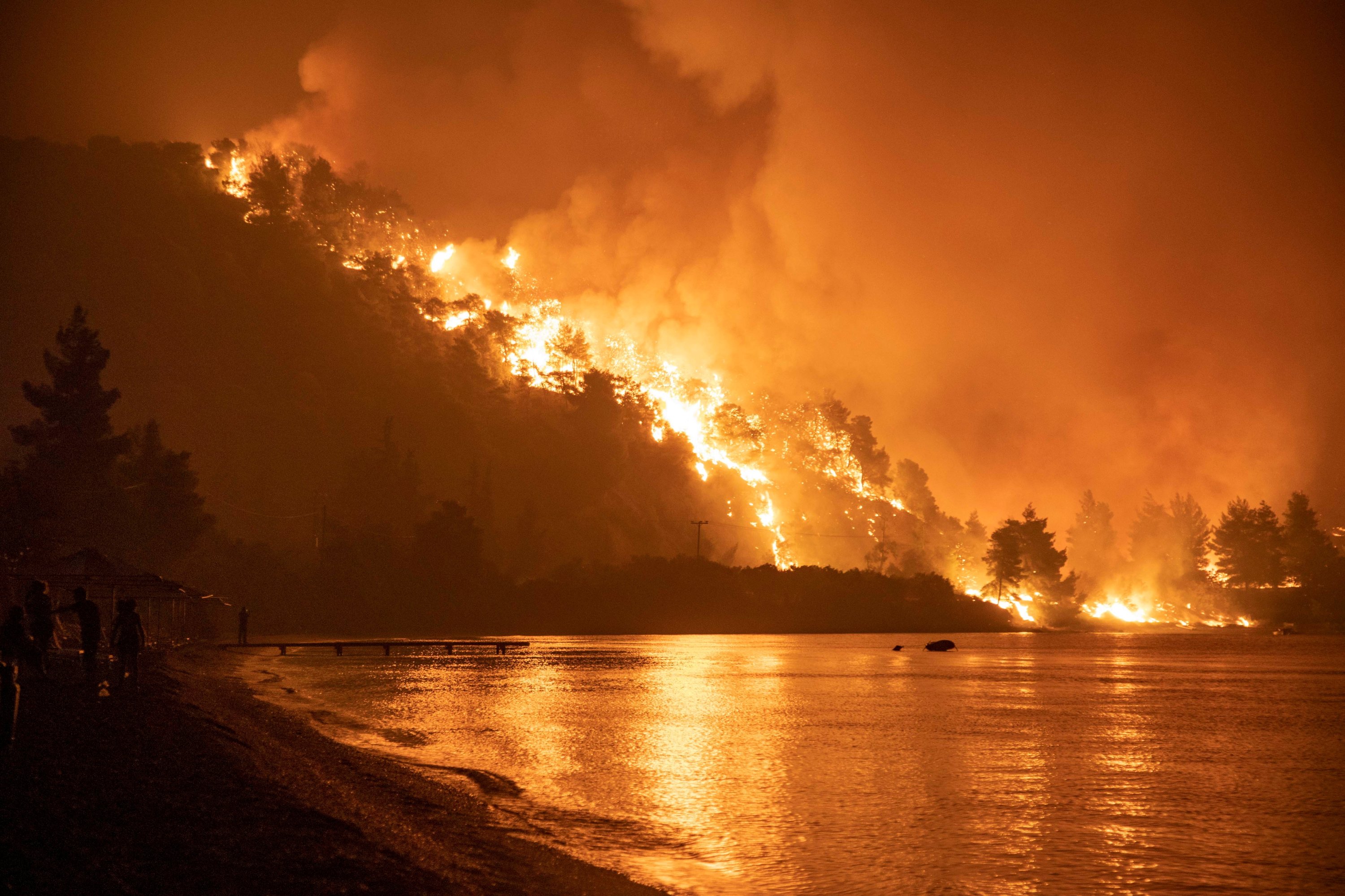 Flames rise as a wildfire burns in the village of Limni, on the island of Evia, Greece, Aug. 6, 2021. (Reuters Photo)