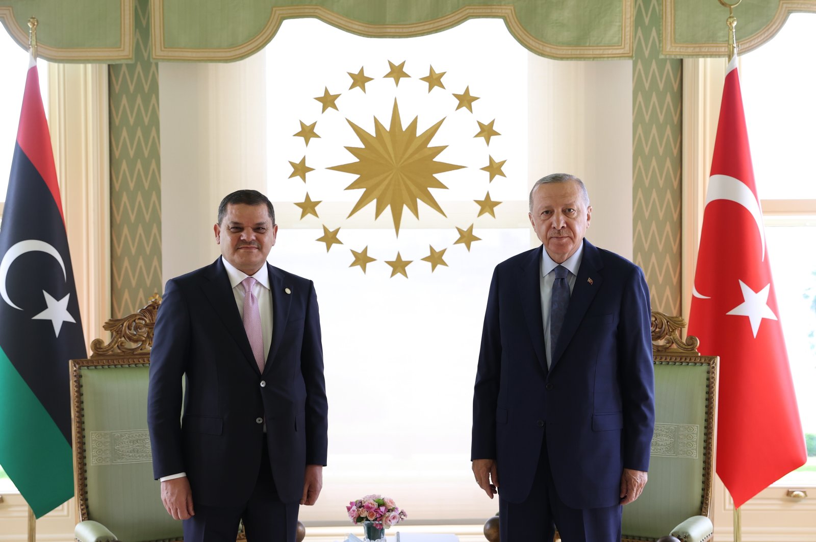 Turkish President Recep Tayyip Erdoğan (R) poses for a photo with the Libyan Prime Minister Abdul Hamid Dbeibah in Istanbul, Aug. 7, 2021. (AA Photo)