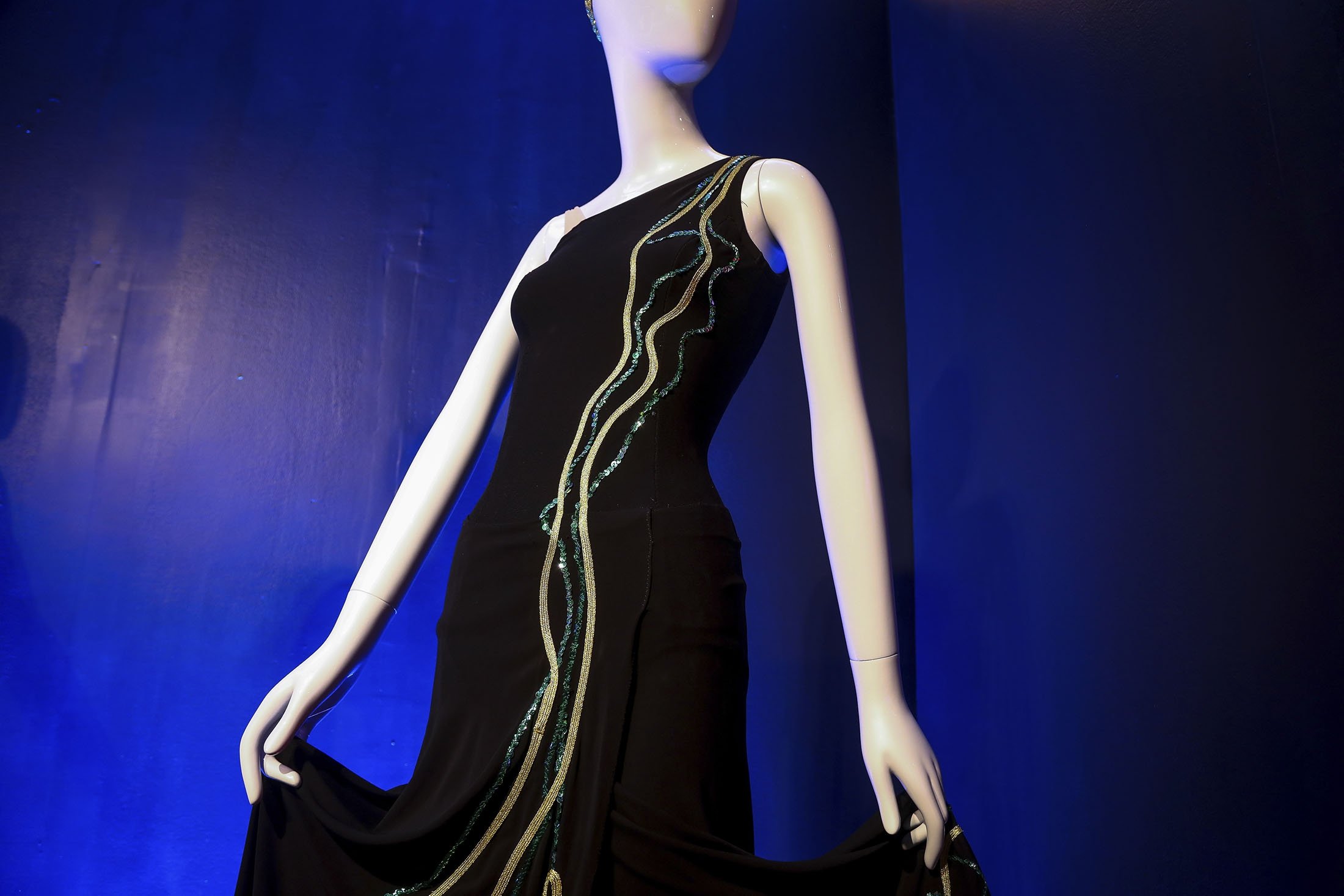 A costume from the Martha Graham Dance Company is displayed at the "Showstoppers! Spectacular Costumes from Stage & Screen" exhibit in Times Square, New York, U.S., Aug. 2, 2021. (AP Photo)