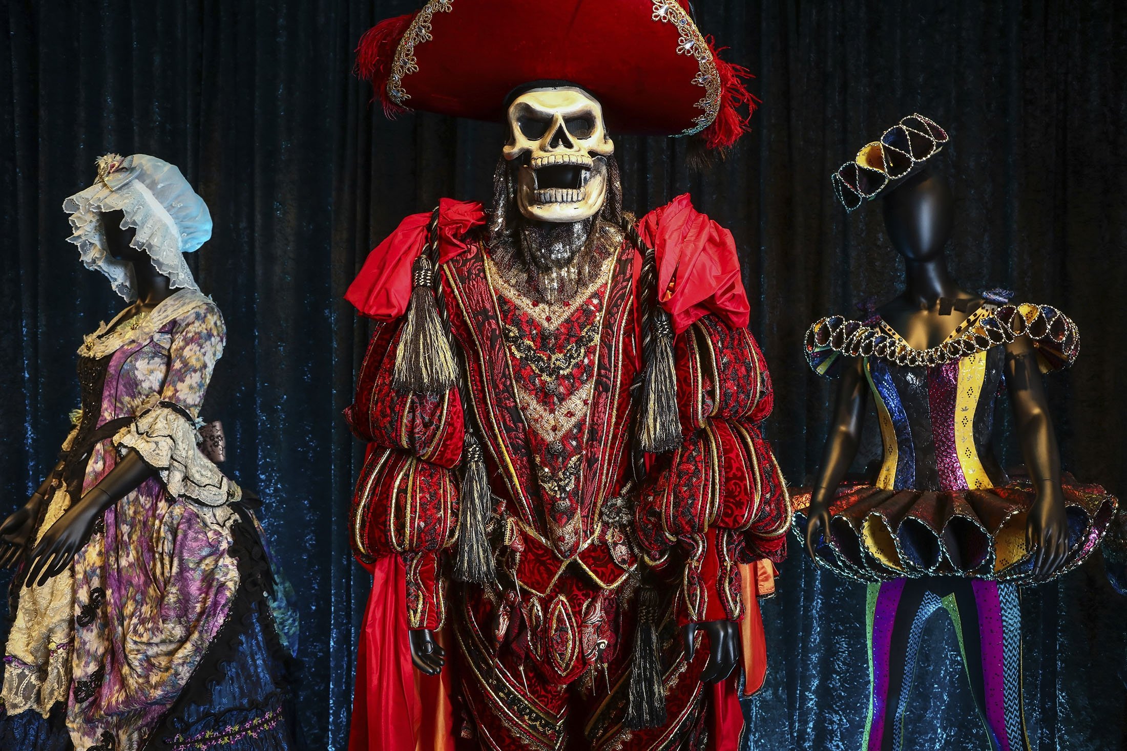 Costumes from the Broadway musical 'The Phantom of the Opera' are displayed at the 'Showstoppers! Spectacular Costumes from Stage & Screen' exhibit in Times Square, New York, U.S., Aug. 2, 2021. (AP Photo)