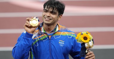India's Neeraj Chopra celebrates winning gold in the men's javelin throw final during the Tokyo 2020 Olympic Games, Tokyo, Japan, Aug. 7, 2021. (EPA Photo)