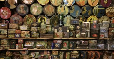 Vintage lithographed tin boxes, part of a huge collection of almost 60,000 pieces started 30 years ago by Yvette Dardenne, are seen at her house in Grand-Hallet, Belgium, Aug. 5, 2021. (Reuters Photo)