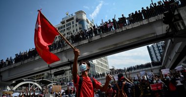 Protesters gather to demonstrate against the February 1 military coup, in downtown Yangon, Feb. 8, 2021. (AFP Photo)