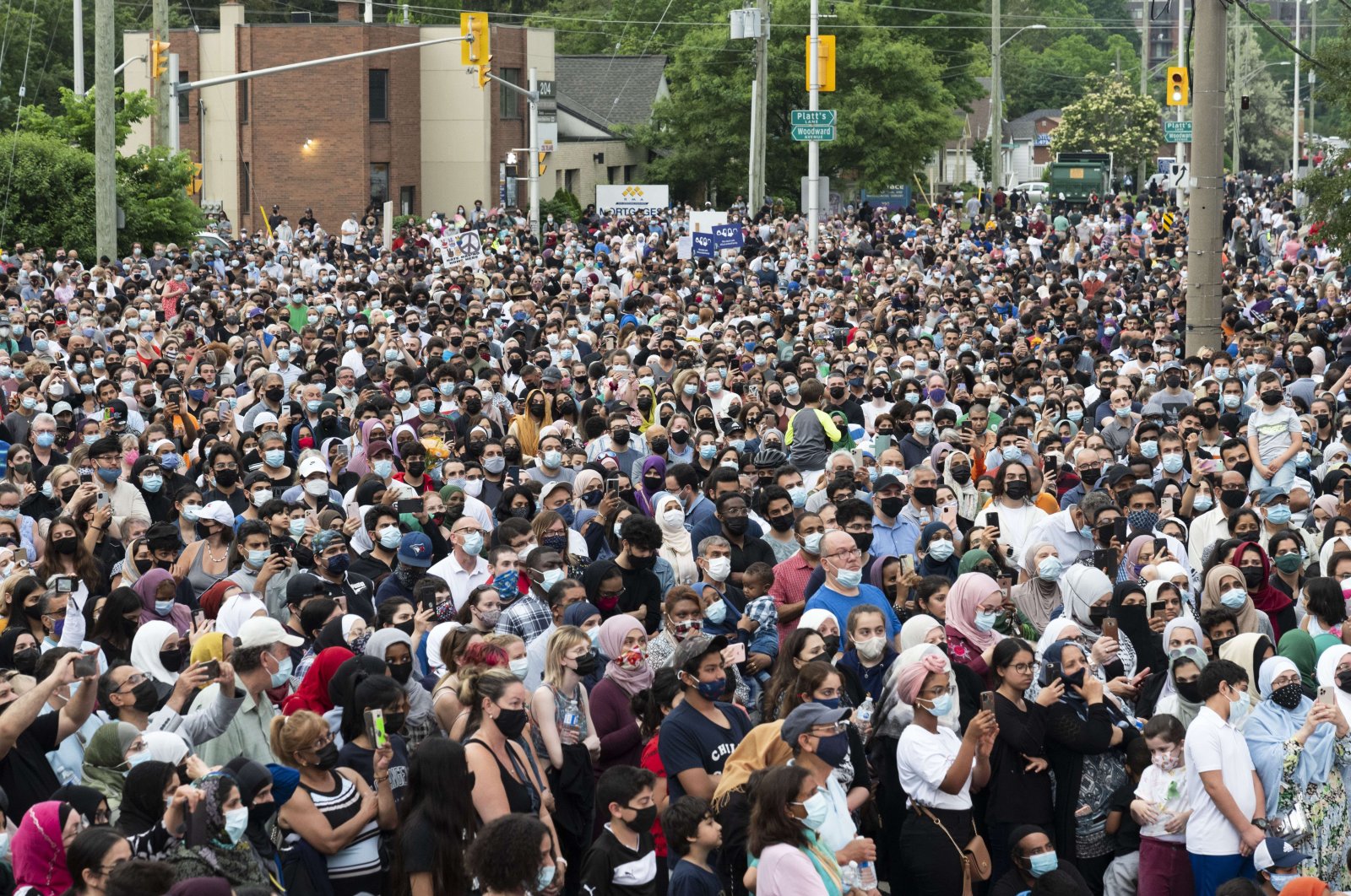  Members of the Muslim community and supporters gather for a vigil at the London Muslim Mosque in London, Canada, June 8, 2021. (AFP File Photo)