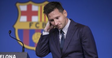 Lionel Messi reacts during his final press conference for Barcelona at Camp Nou, Barcelona, Spain, Aug. 8, 2021. (AA Photo) 