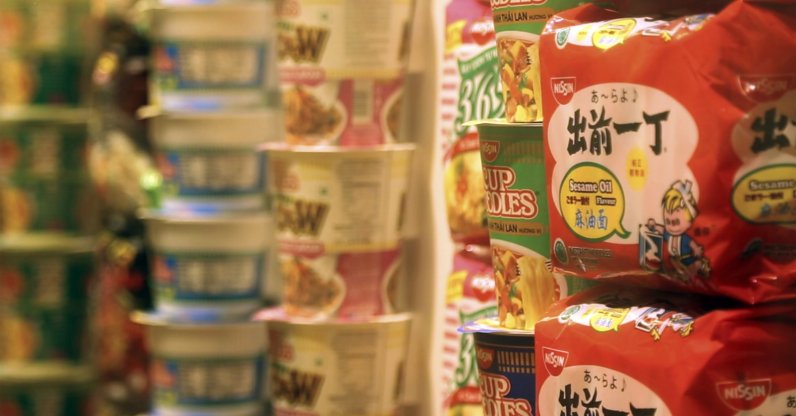 In this frame from video, packets of instant noodles sit on display in the Cup Noodles Museum in Yokohama, Japan, Friday, Aug. 6, 2021. (AP Photo)