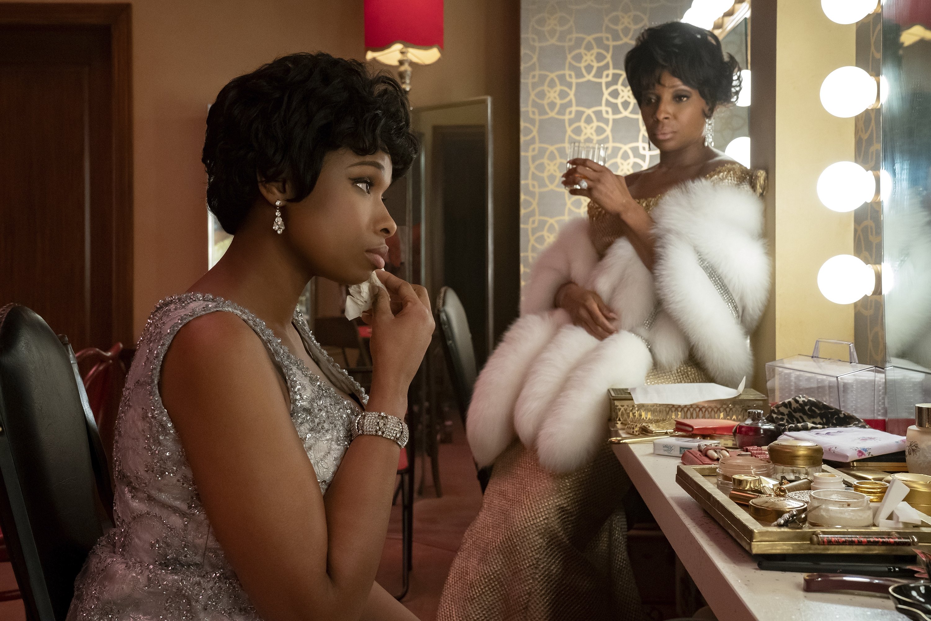 Jennifer Hudson stars as Aretha Franklin (L) and Mary J. Blige stars as Dinah Washington (R) in a scene from "Respect." (MGM via AP)