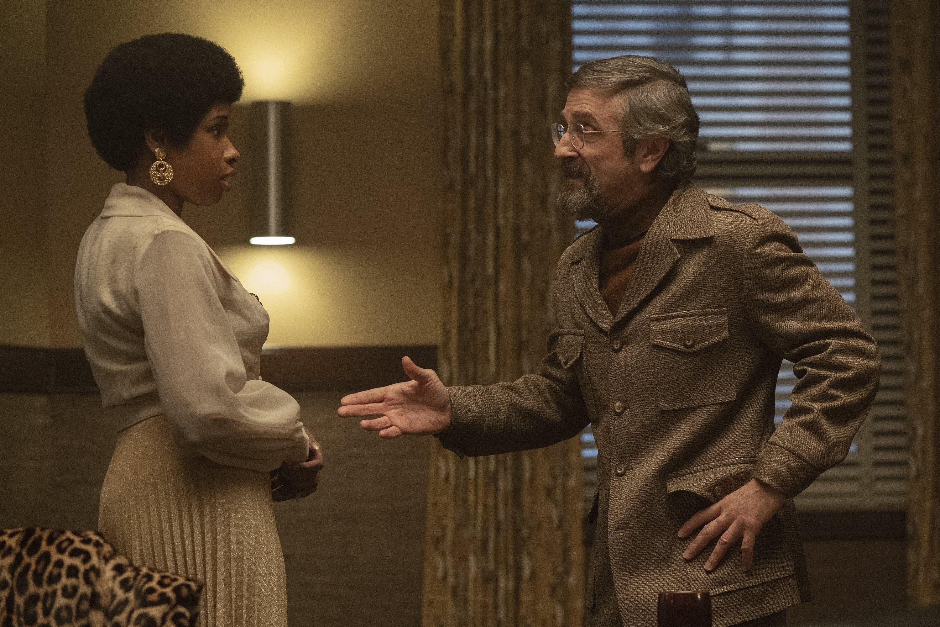 Jennifer Hudson stars as Aretha Franklin (L) and Marc Maron as Jerry Wexler (R) in a scene from "Respect." (MGM via AP)