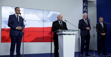 In this photo (L-R) Poland's Prime Minister Mateusz Morawiecki, leader of Law and Justice party Jaroslaw Kaczynski, leader of Agreement party Jaroslaw Gowin, and leader of United Poland party Justice Minister Zbigniew Ziobro, attend a news conference after signing coalition agreement in Warsaw, Poland, Sept. 26, 2020. (Reuters Photo)