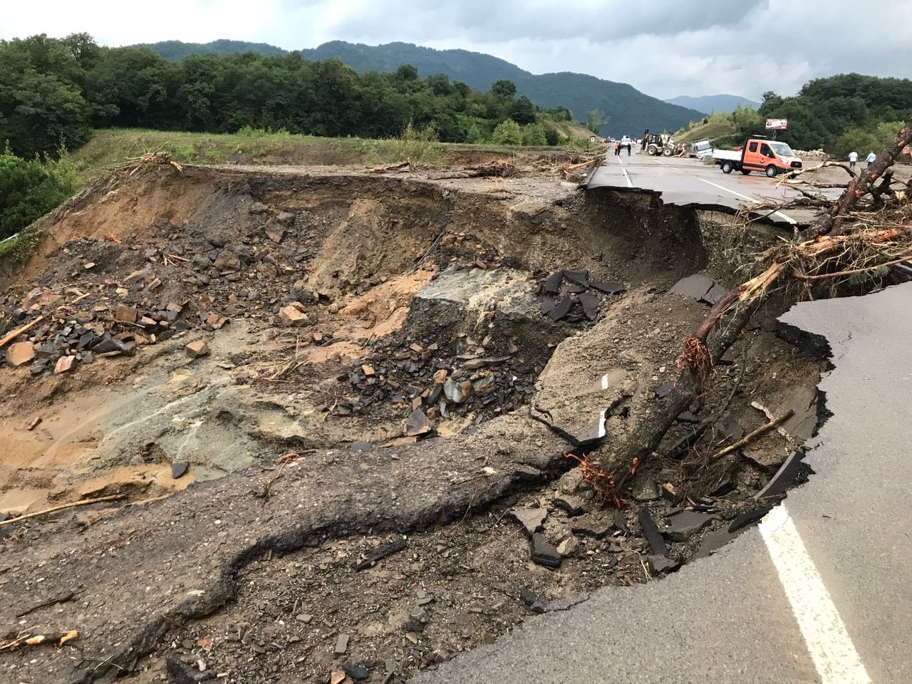 A road collapsed due to the floods in Bartın, northern Turkey, Aug. 11, 2021. (AA Photo)