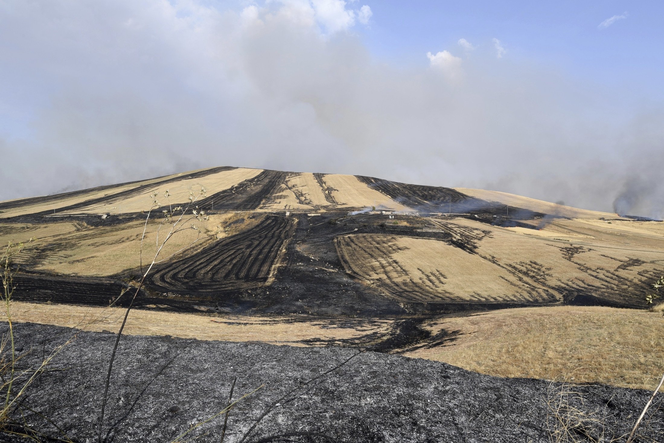 Burned fields can be seen in the Municipality of Blufi in the upper Madonie as many wildfires continue plaguing the region, near Palermo, Sicily, Italy, Aug. 10, 2021. (AP Photo)