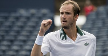 Russia's Daniil Medvedev celebrates during a National Bank Open tennis match against Kazakhstan's Alexander Bublik, in Toronto, Aug. 10, 2021. (AP Photo)