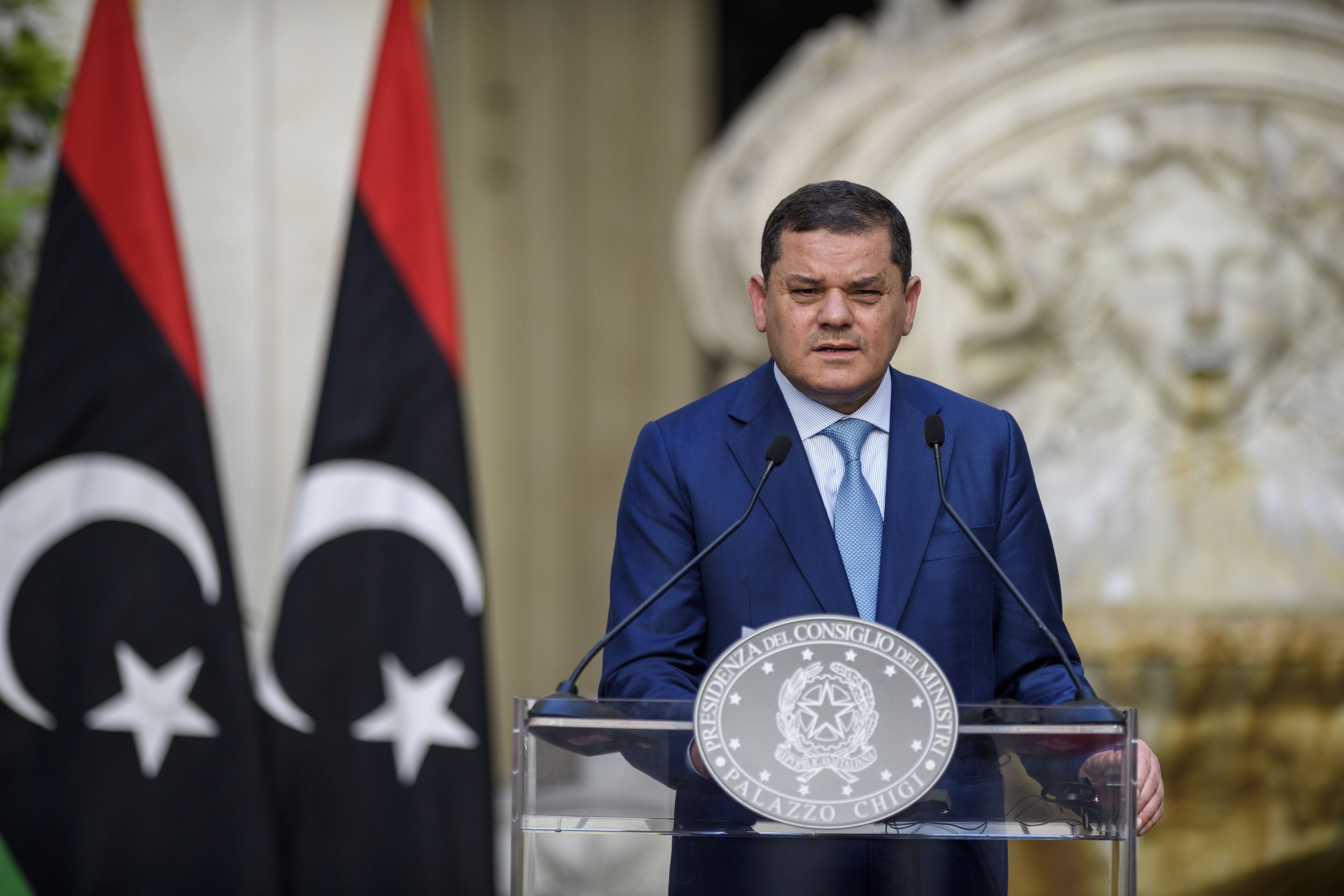 Libyan Prime Minister Abdul Hamid Mohammed Dbeibah holds a joint press conference with Italian Prime Minister Mario Draghi (not pictured) after a meeting at Palazzo Chigi in Rome, Italy on May 31, 2021. (Getty Images Photo)
