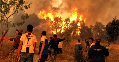 Villagers attempt to put out a wildfire in Achallam village, in the mountainous Kabylie region of Tizi Ouzou, east of Algiers, Algeria, Aug. 11, 2021. (Reuters Photo)