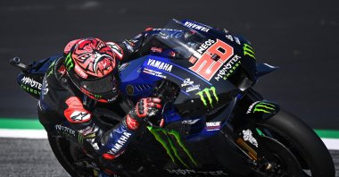 Fabio Quartararo steers his motorbike during the first free practice session ahead of Austrian MotoGP, in Spielberg, Austria, Aug. 13, 2021. (AFP PHOTO) 