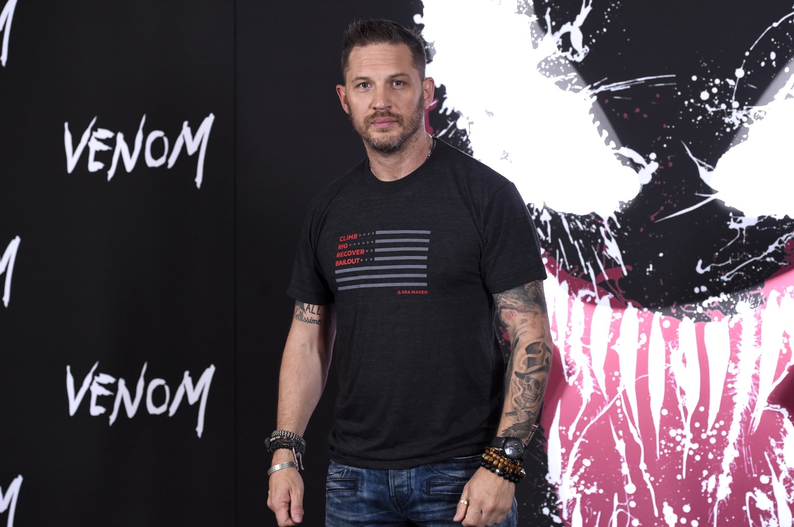 Tom Hardy attends a photo call for "Venom" on Sept. 27, 2018, in Los Angeles. (AP Photo) 
